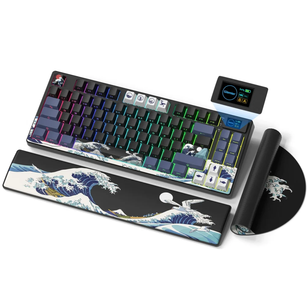 Womier SK80 Pro Themed 75% Wireless Mechanical Keyboard – إصدار Kanagawa الفاخر، اتصال ثلاثي الأنماط، وبنية Gasket Mount مع شاشة LCD ذكية